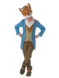 Boy in the Mr Fox Deluxe costume with a blue pinstripe mock jacket, faux-fur vest, red neckerchief and fox mask