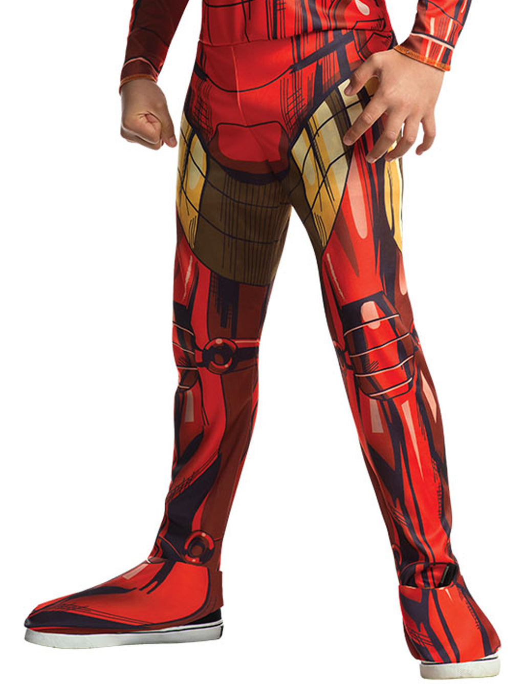 Close-up of the Iron Man jumpsuit legs with red and gold armour print and shoe covers