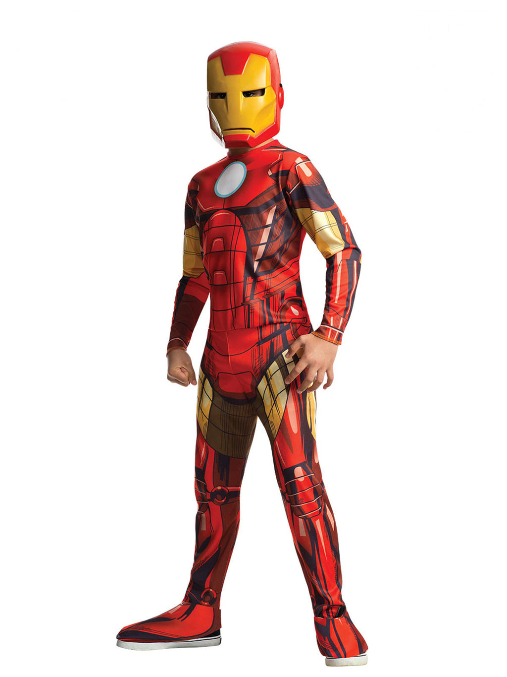 Boy in the Marvel Iron Man jumpsuit with red and gold armour print, attached shoe covers and mask