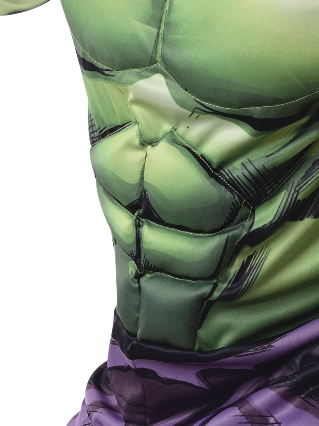 Close-up of the Hulk Deluxe padded green muscle chest with stitching detail