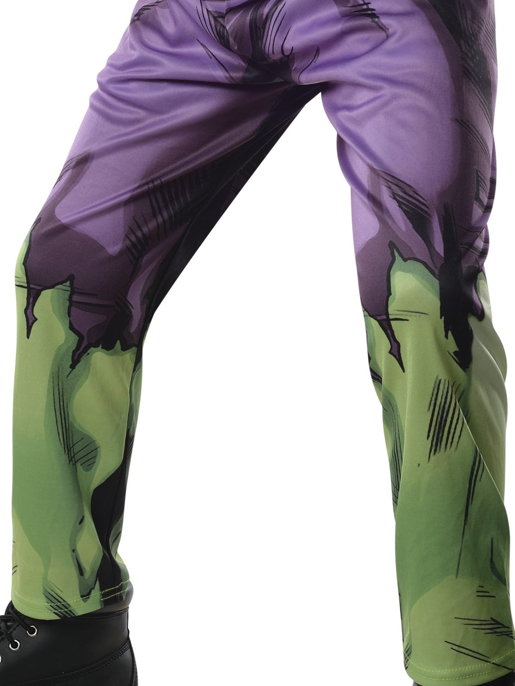 Close-up of the Hulk Deluxe purple printed pants fading into green legs