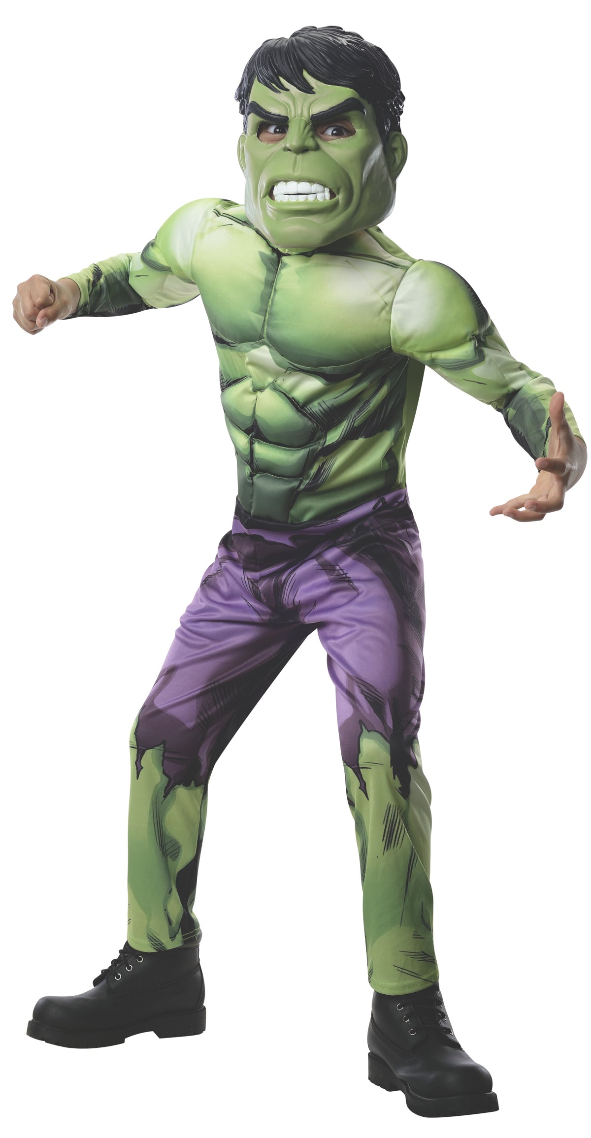 Boy in the Hulk Deluxe jumpsuit with fibre-filled green muscles, purple shorts print and moulded mask