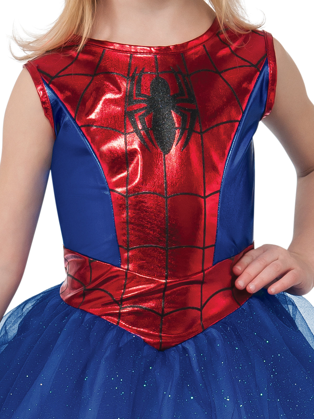 Close-up of the Spider-Girl metallic bodice with spider emblem and web print
