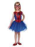 Girl wearing a Spider-Girl tutu dress with metallic red web bodice, blue glitter tulle skirt and eye mask