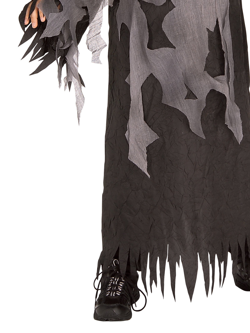 Close-up of the Haunted Skeleton robe's tattered grey and black hem and ragged sleeves