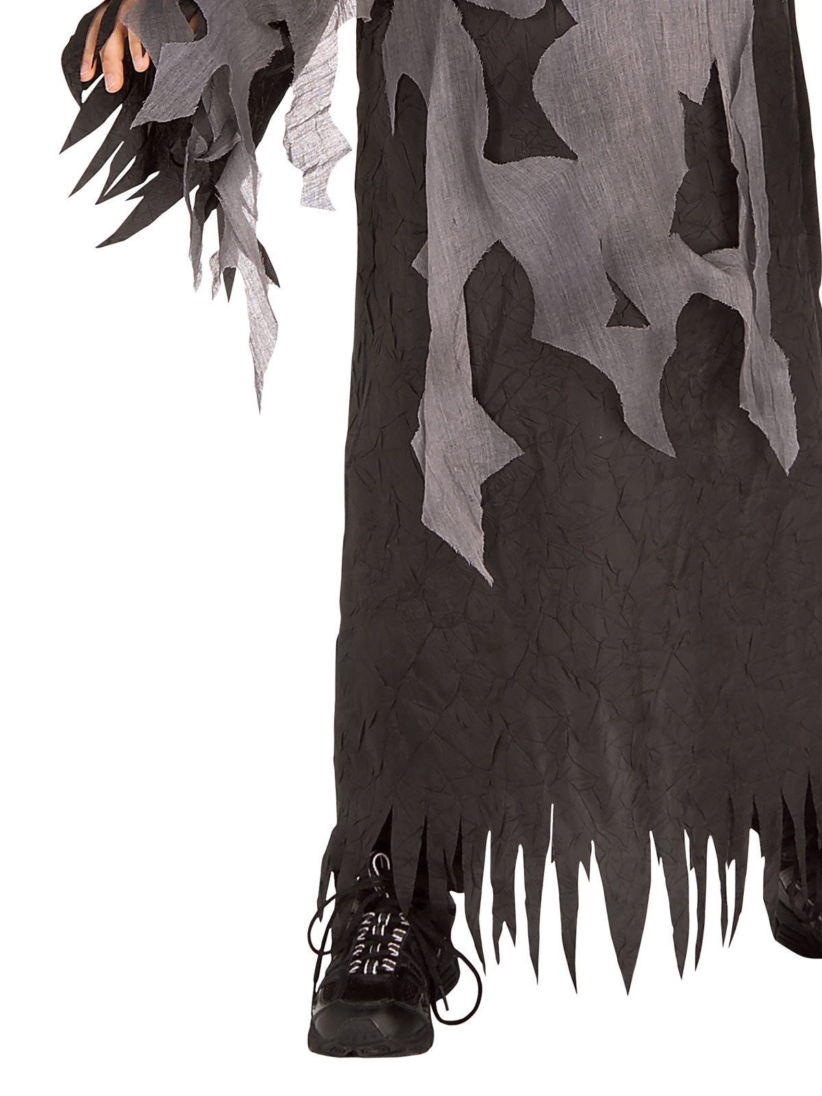 Close-up of the Haunted Skeleton robe's tattered grey and black hem and ragged sleeves