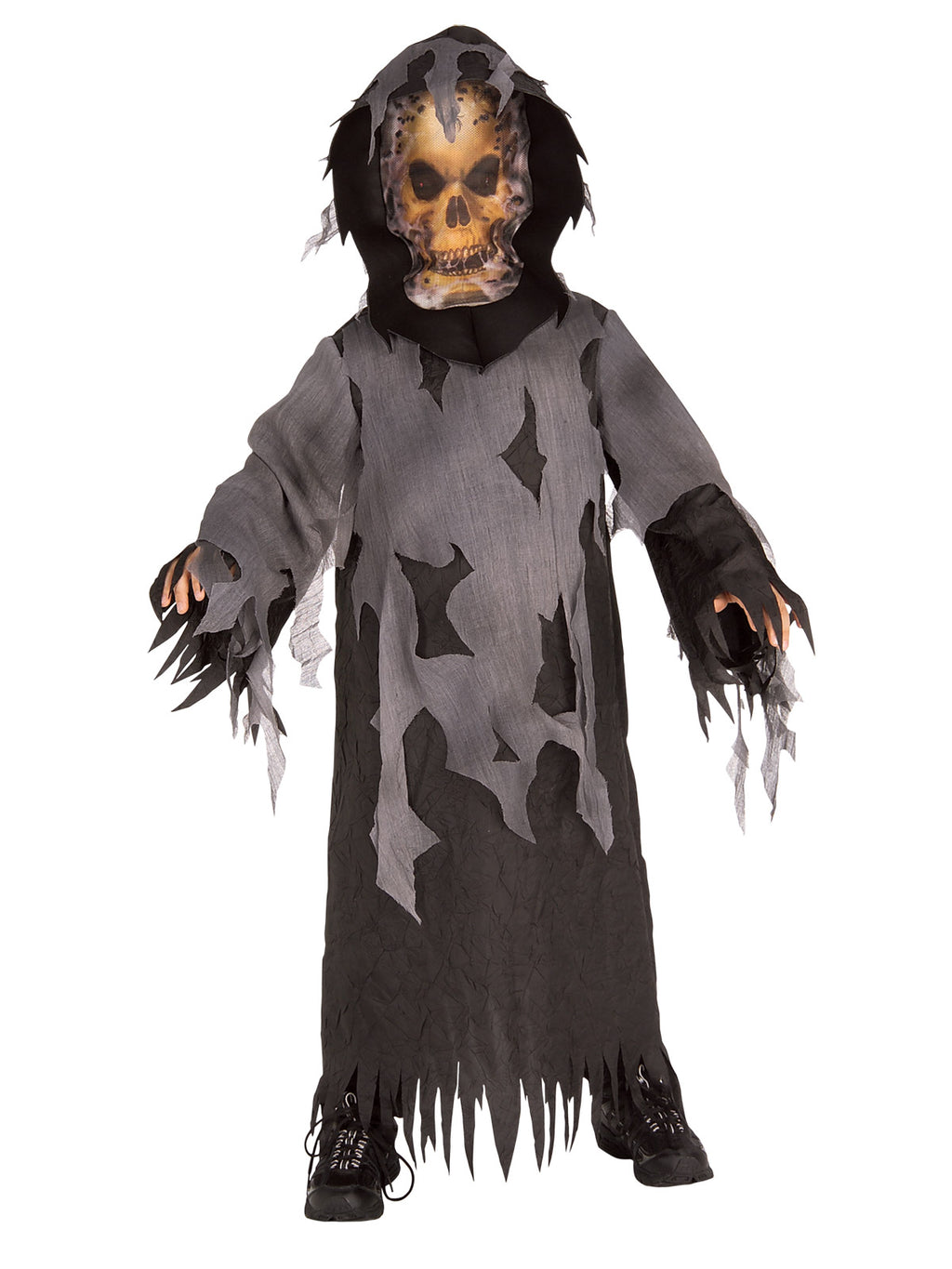 Child in the Haunted Skeleton costume with a tattered grey robe, black hood and skull mask