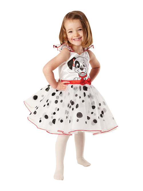 Girl in white 101 Dalmatians dress with black spots, puppy print on the chest and red satin belt