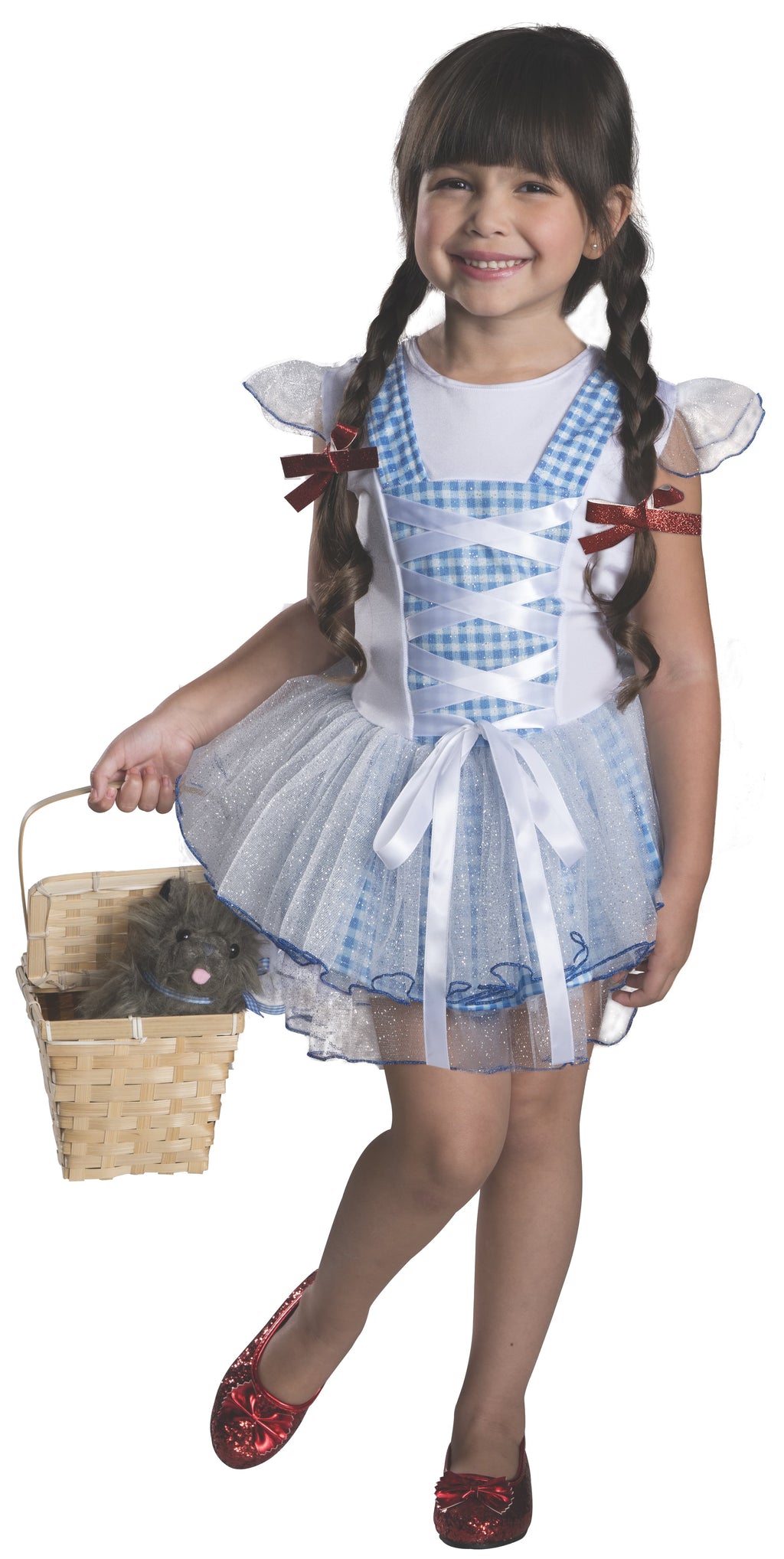 Girl in Dorothy tutu dress with blue gingham bodice, glitter tulle skirt and red hair ribbons