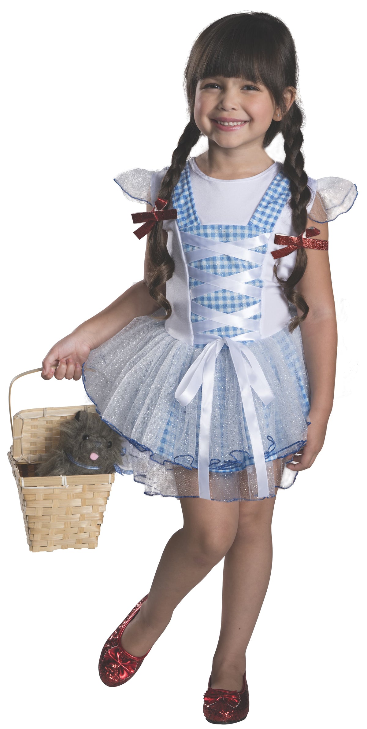 Girl in Dorothy tutu dress with blue gingham bodice, glitter tulle skirt and red hair ribbons