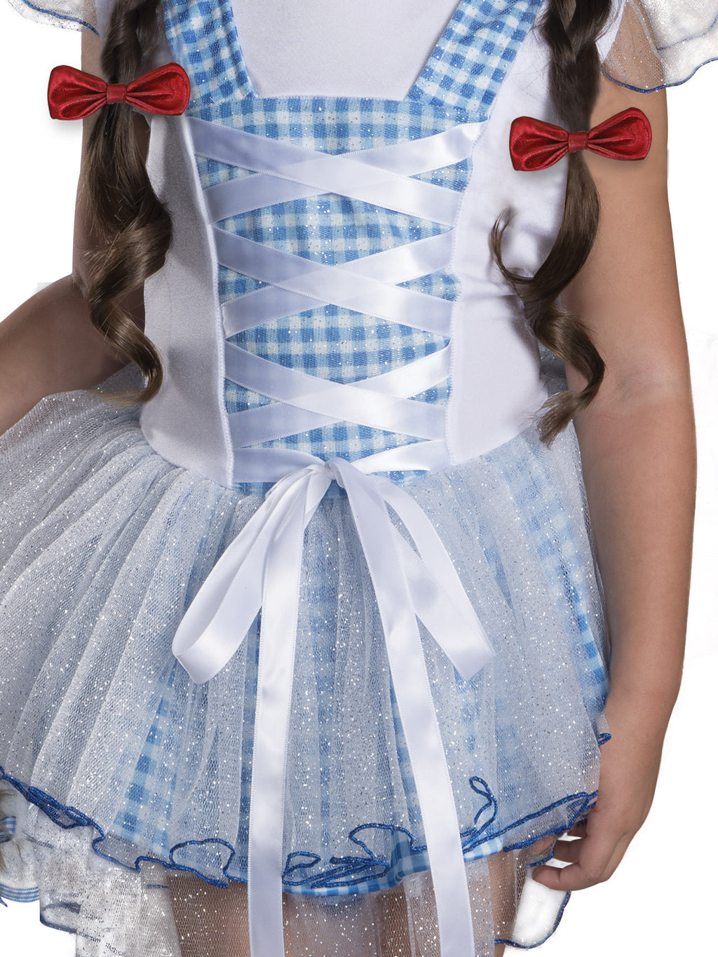 Close-up of the Dorothy tutu dress's laced gingham bodice and glitter tulle skirt