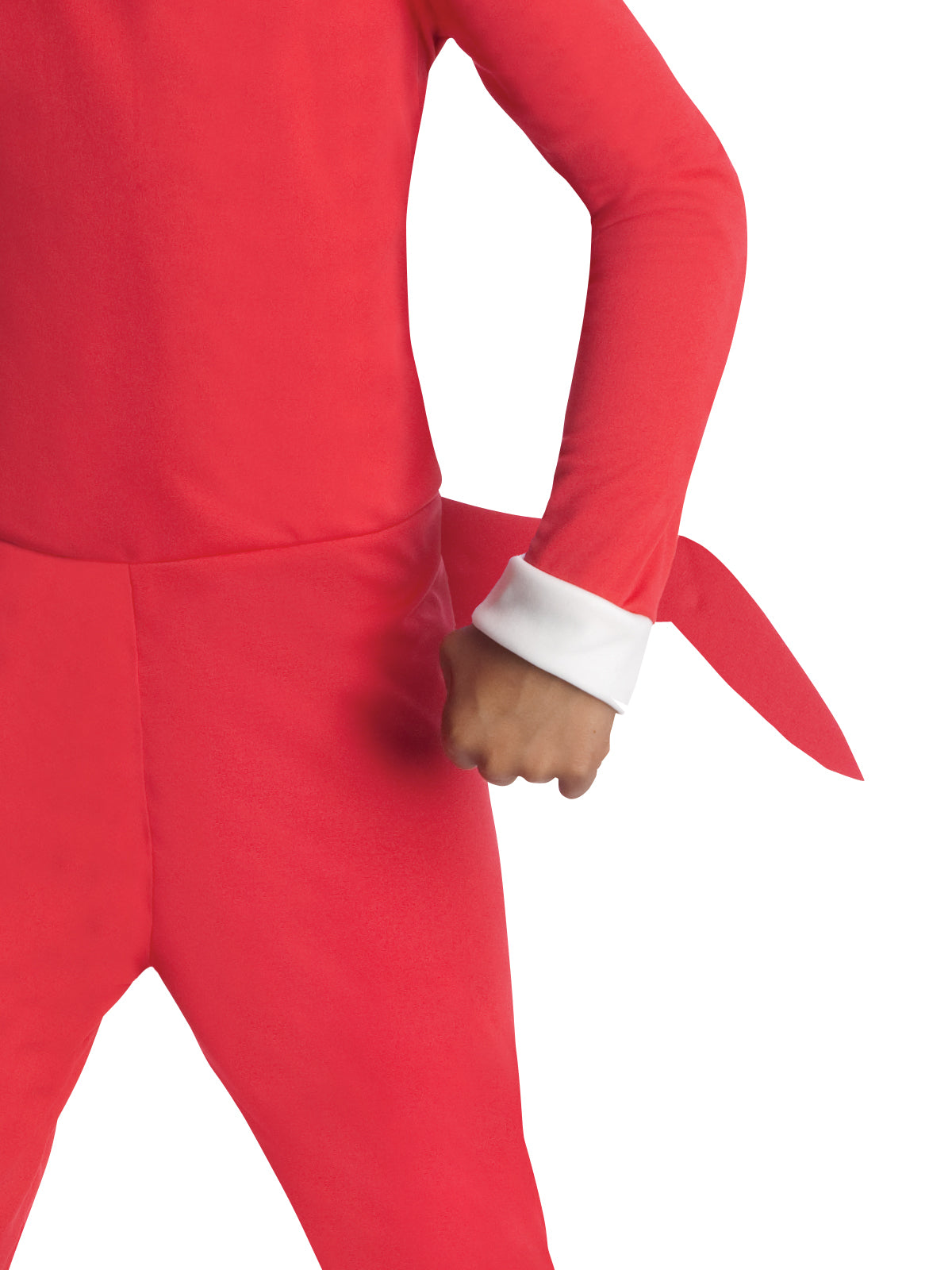 Close-up of the Knuckles red jumpsuit with white cuff and attached tail