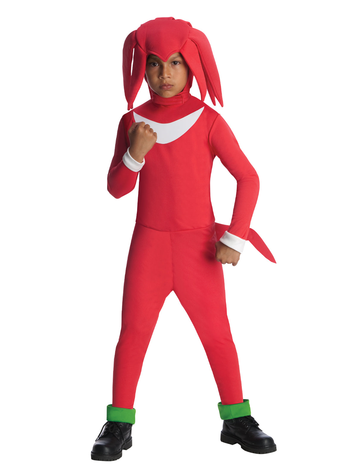 Boy in the Sonic the Hedgehog Knuckles red jumpsuit with white chest print, green cuffs and spiky headpiece