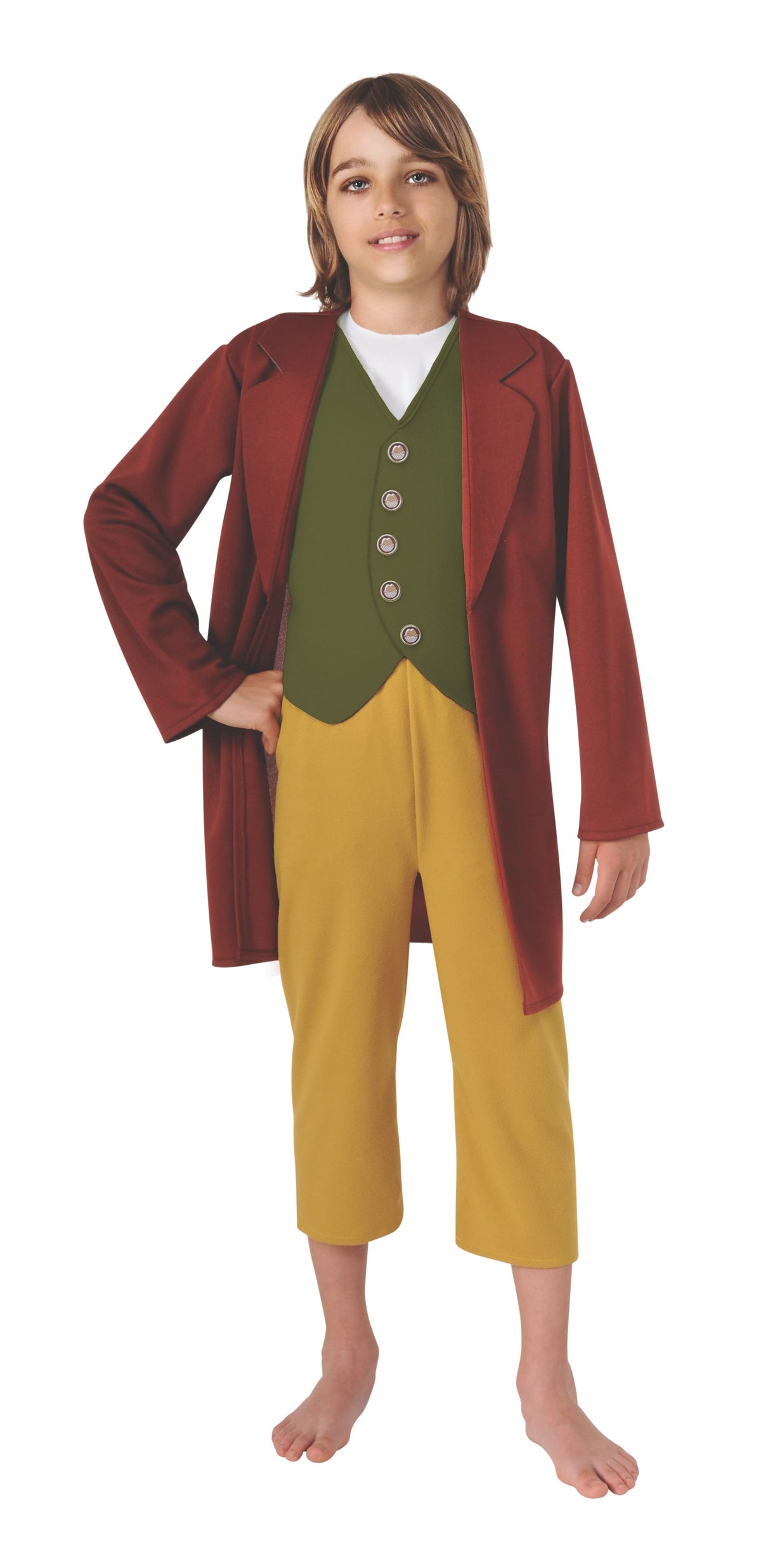 Boy in Bilbo Baggins costume with long red jacket, green vest and mustard 3/4-length pants