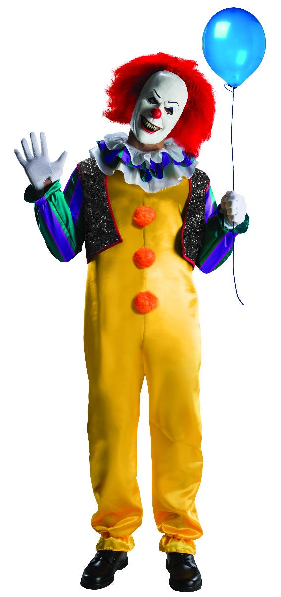 Pennywise deluxe clown costume with yellow jumpsuit, orange pom poms, frill collar, gloves and red-haired mask
