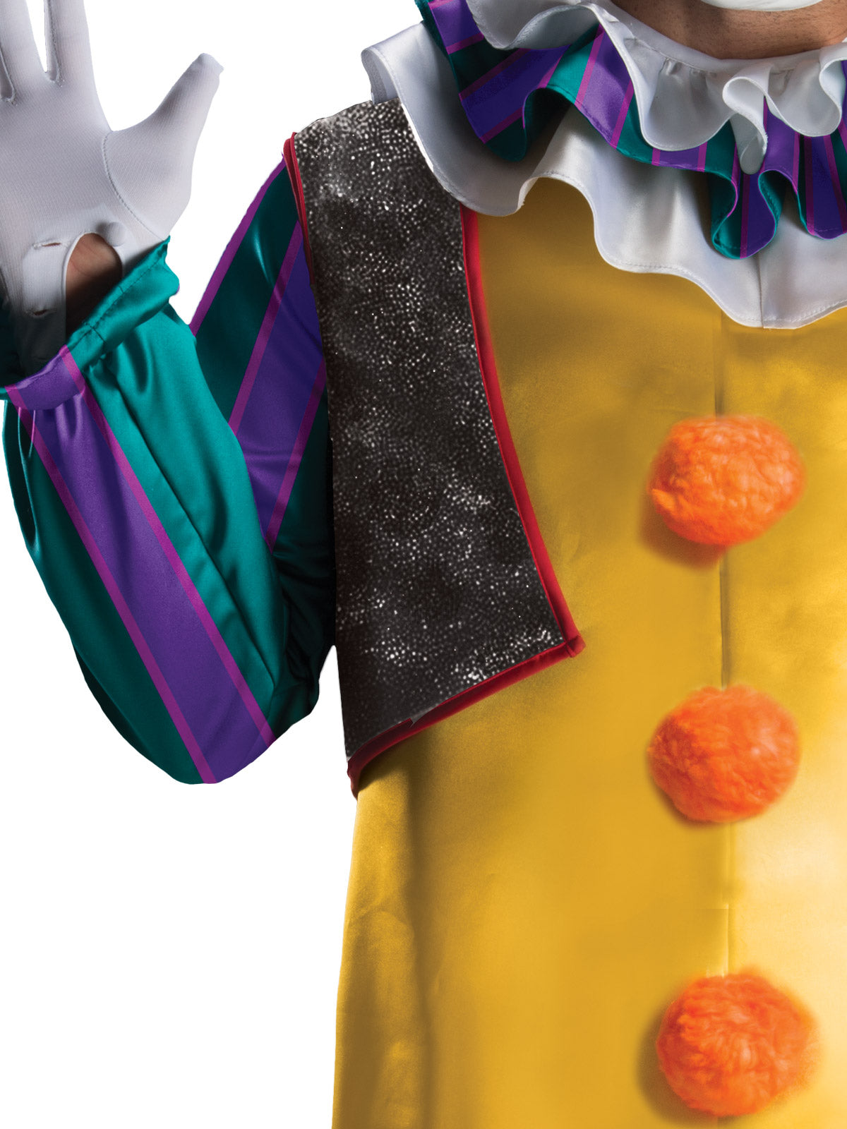 Close-up of the Pennywise costume's striped sleeve, vest, frill collar and orange pom poms