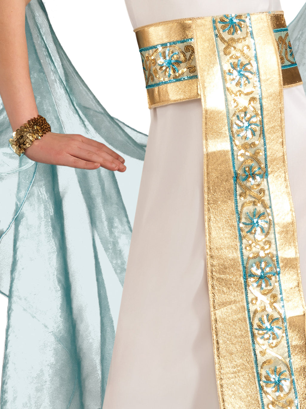 Close-up of the Cleopatra dress's gold sequin belt panel, arm cuff and sheer shawl