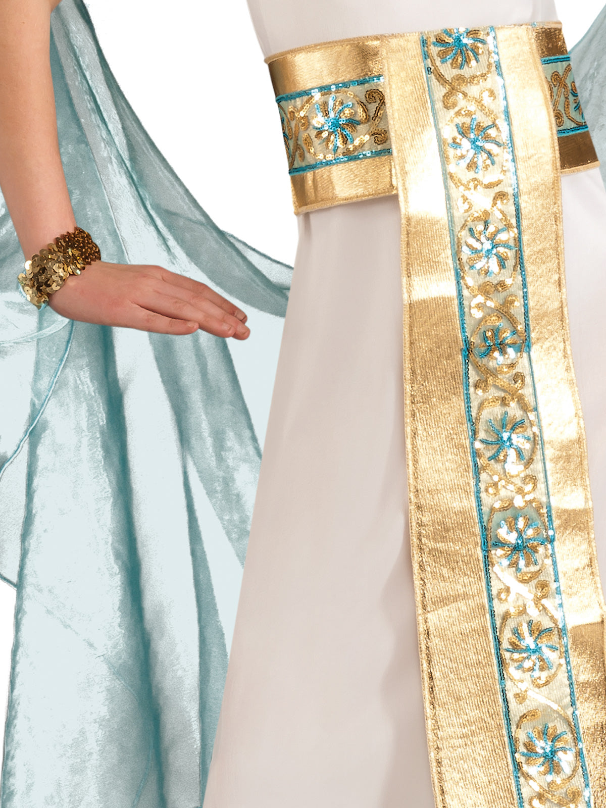 Close-up of the Cleopatra dress's gold sequin belt panel, arm cuff and sheer shawl
