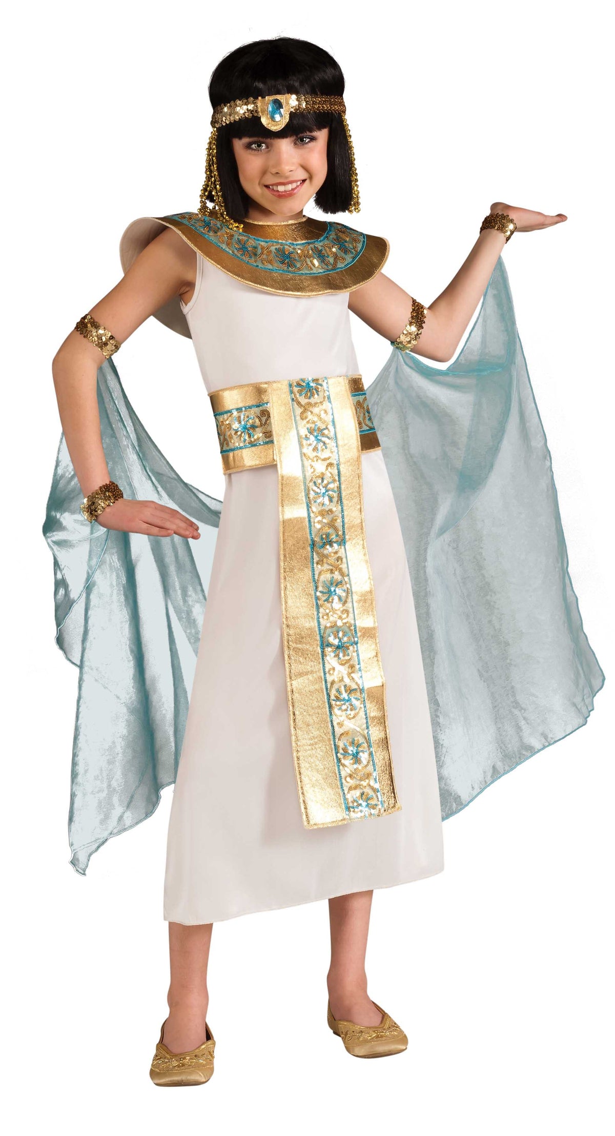 Girl in white Cleopatra dress with gold sequin belt, gold collar, sheer blue shawl and headband
