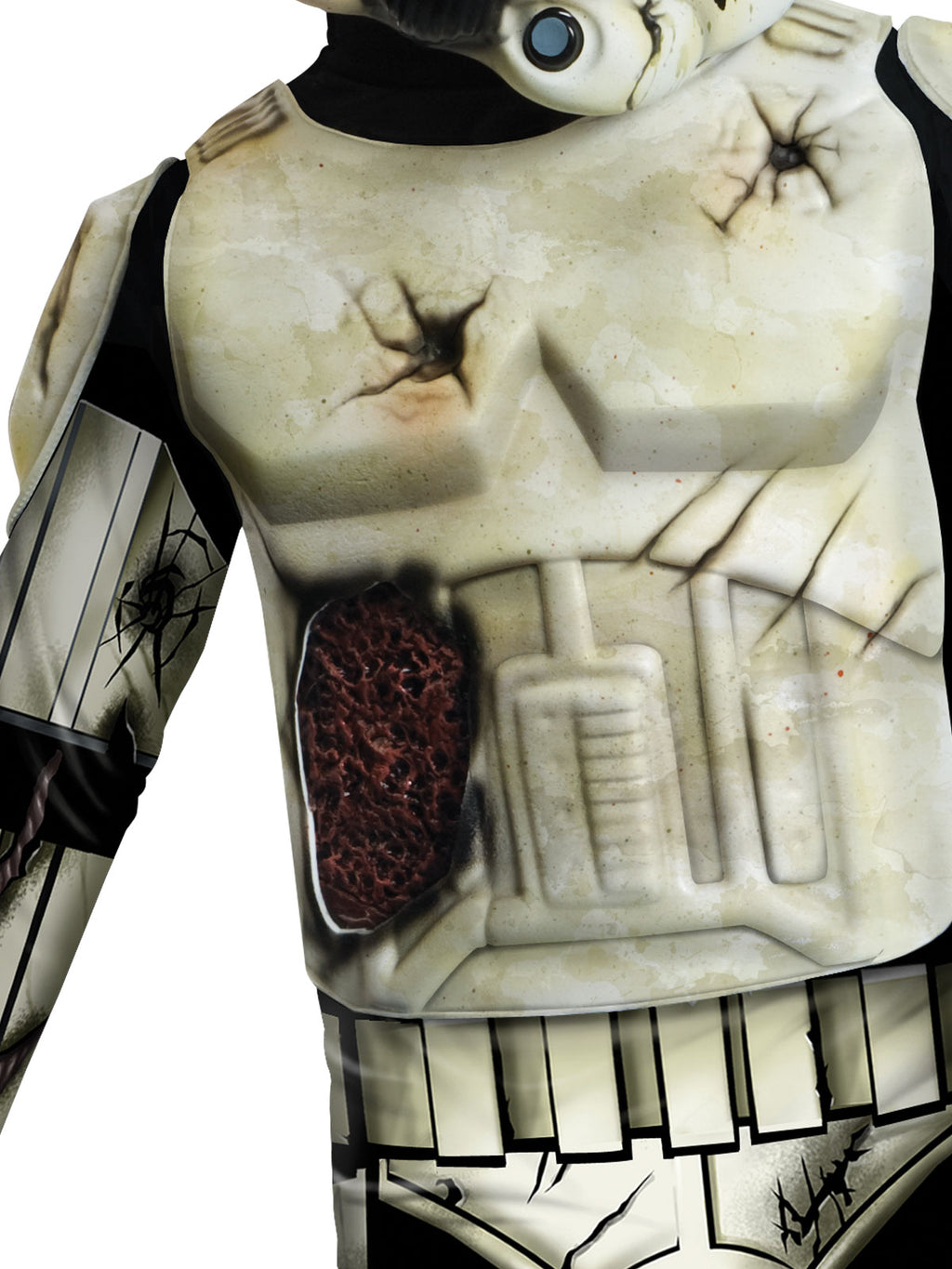 Close-up of the trooper costume's battle-damaged chest armour print