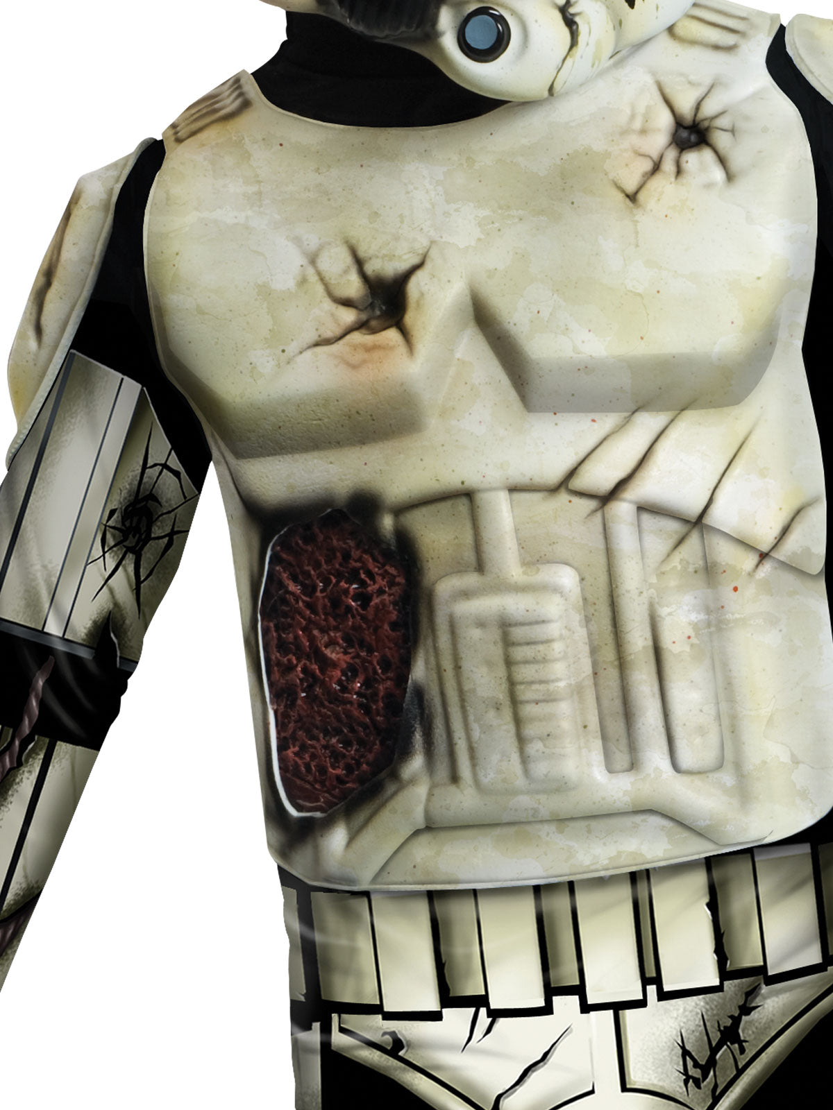 Close-up of the trooper costume's battle-damaged chest armour print