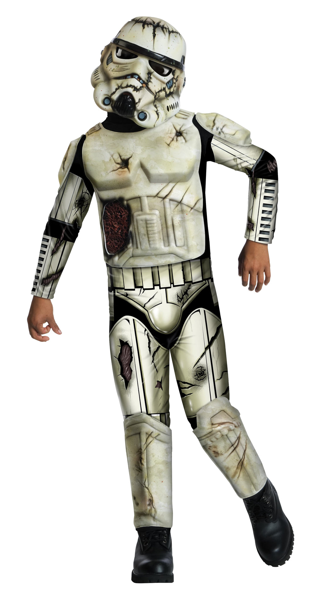 Boy in battle-damaged white trooper jumpsuit with moulded chest armour, shin guards and half mask