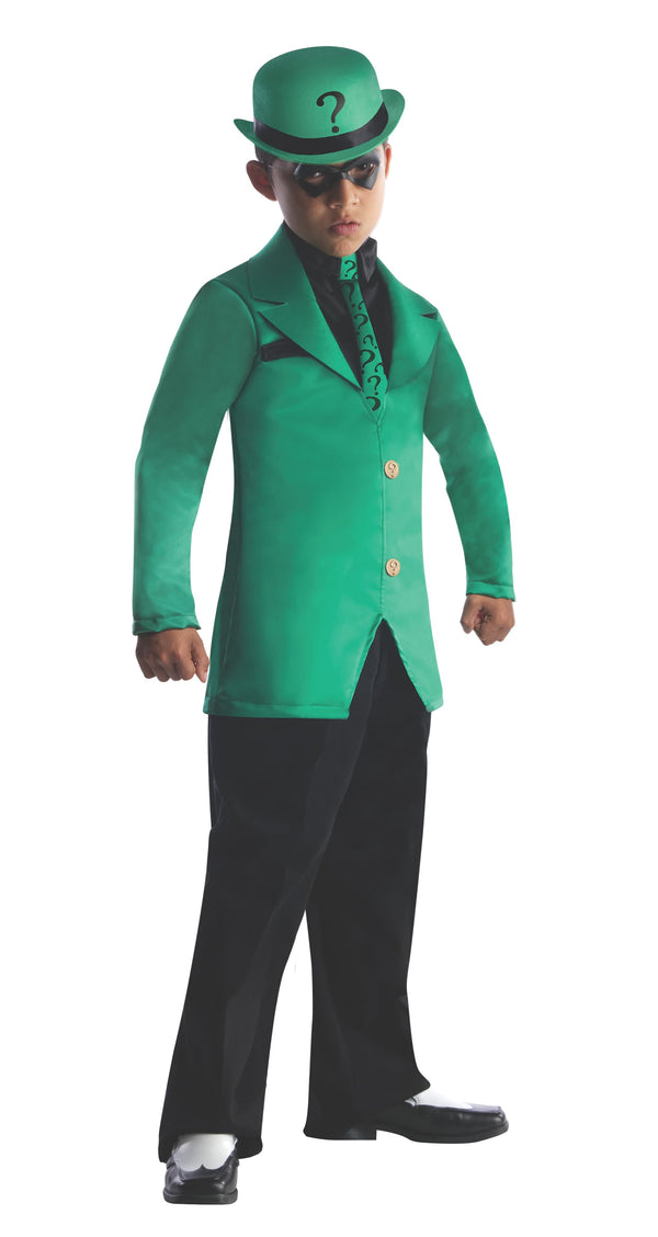 Boy wearing a green Riddler jacket with attached shirt front, question mark bow tie, bowler hat and eye mask