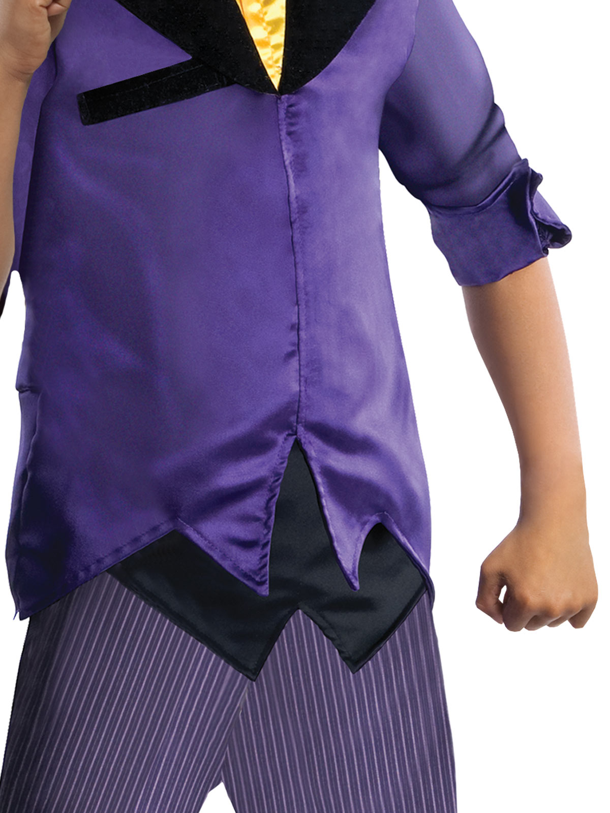 Close-up of the Joker jacket's rolled-up 3/4 sleeves, attached vest front and pinstripe pants