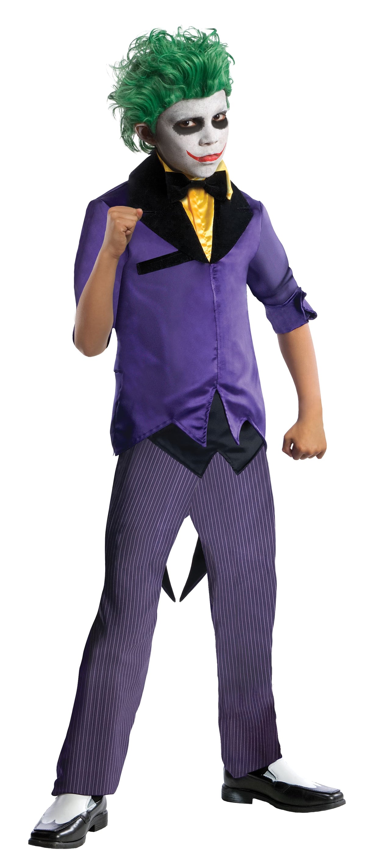 Boy wearing a purple Joker tailcoat jacket with attached vest, shirt front and bow tie, plus pinstripe pants