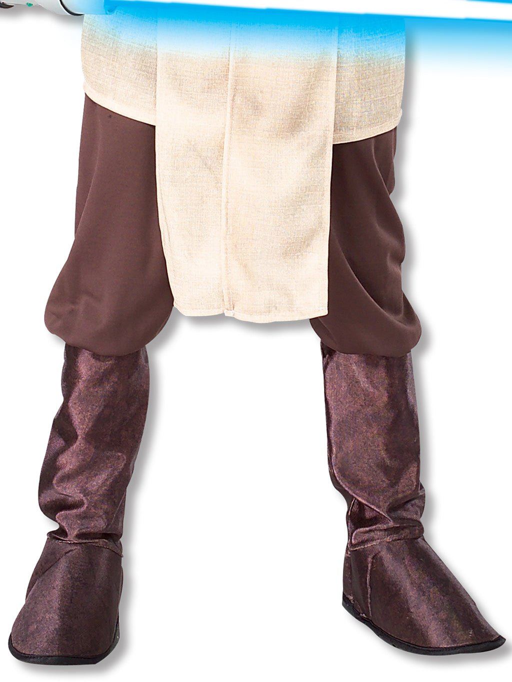 Close-up of the Jedi Knight brown pants with attached boot tops under the cream tunic