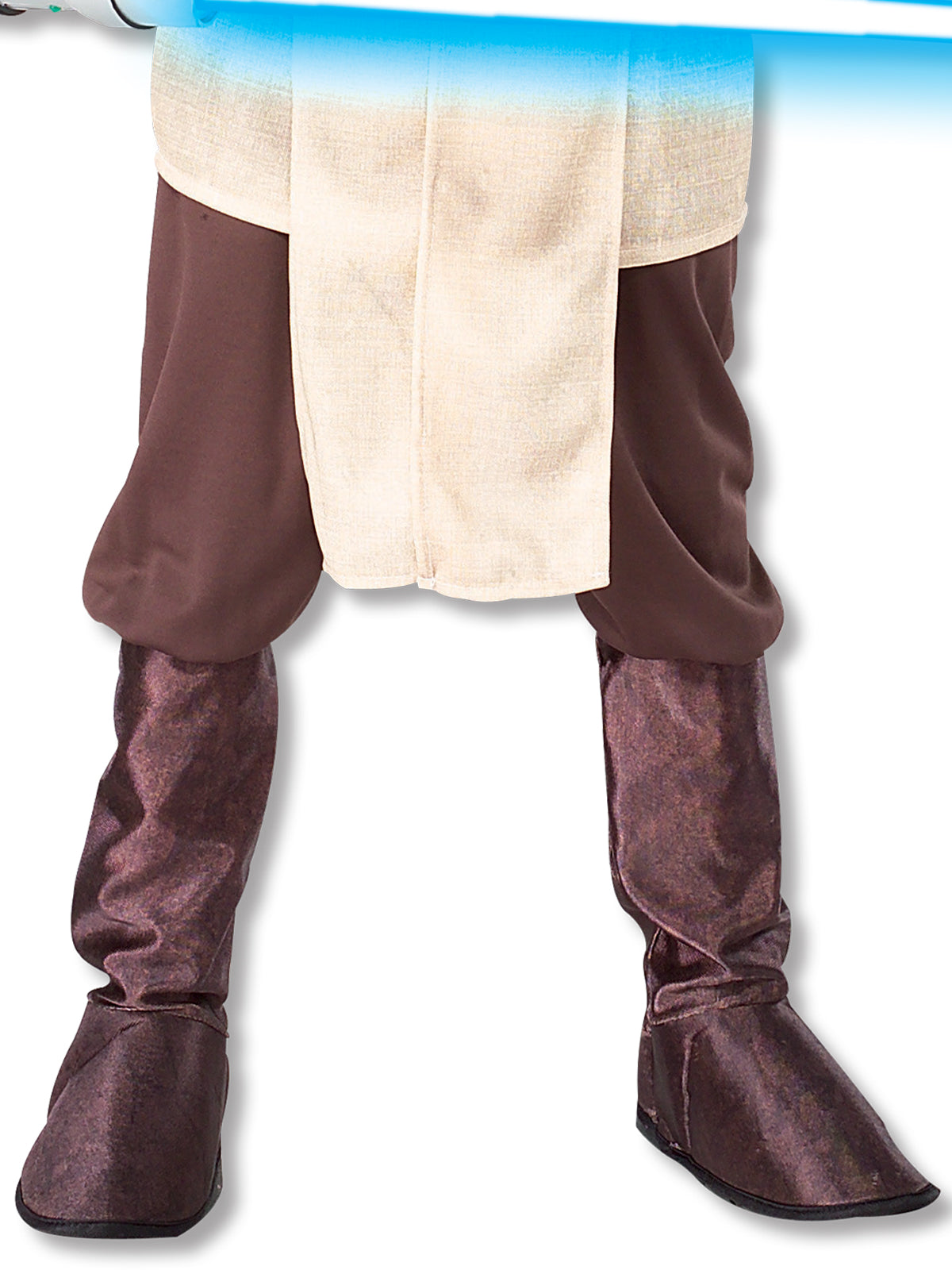 Close-up of the Jedi Knight brown pants with attached boot tops under the cream tunic