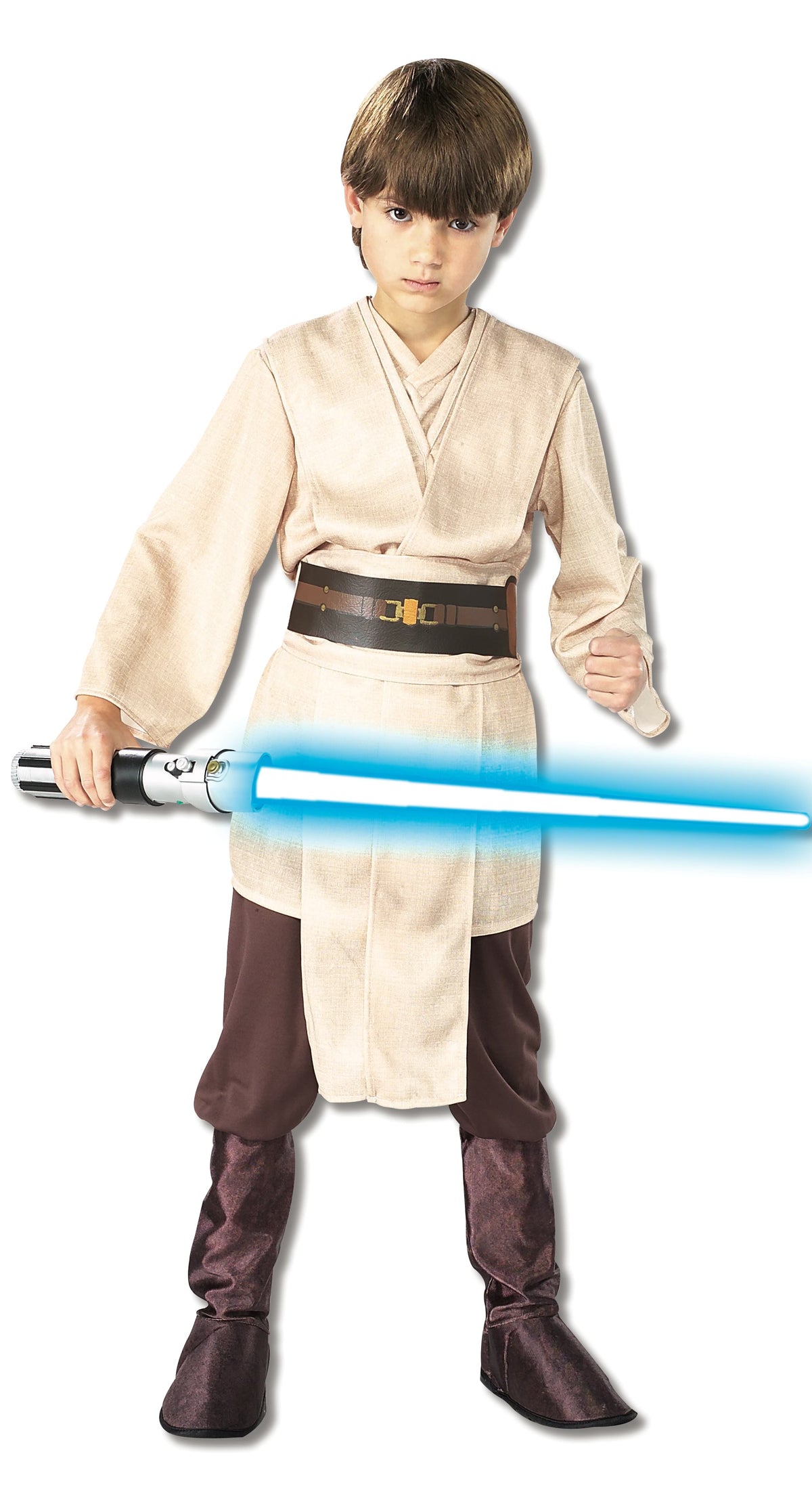 Boy in the Star Wars Jedi Knight Deluxe costume with a cream tunic, brown belt, pants and boot tops