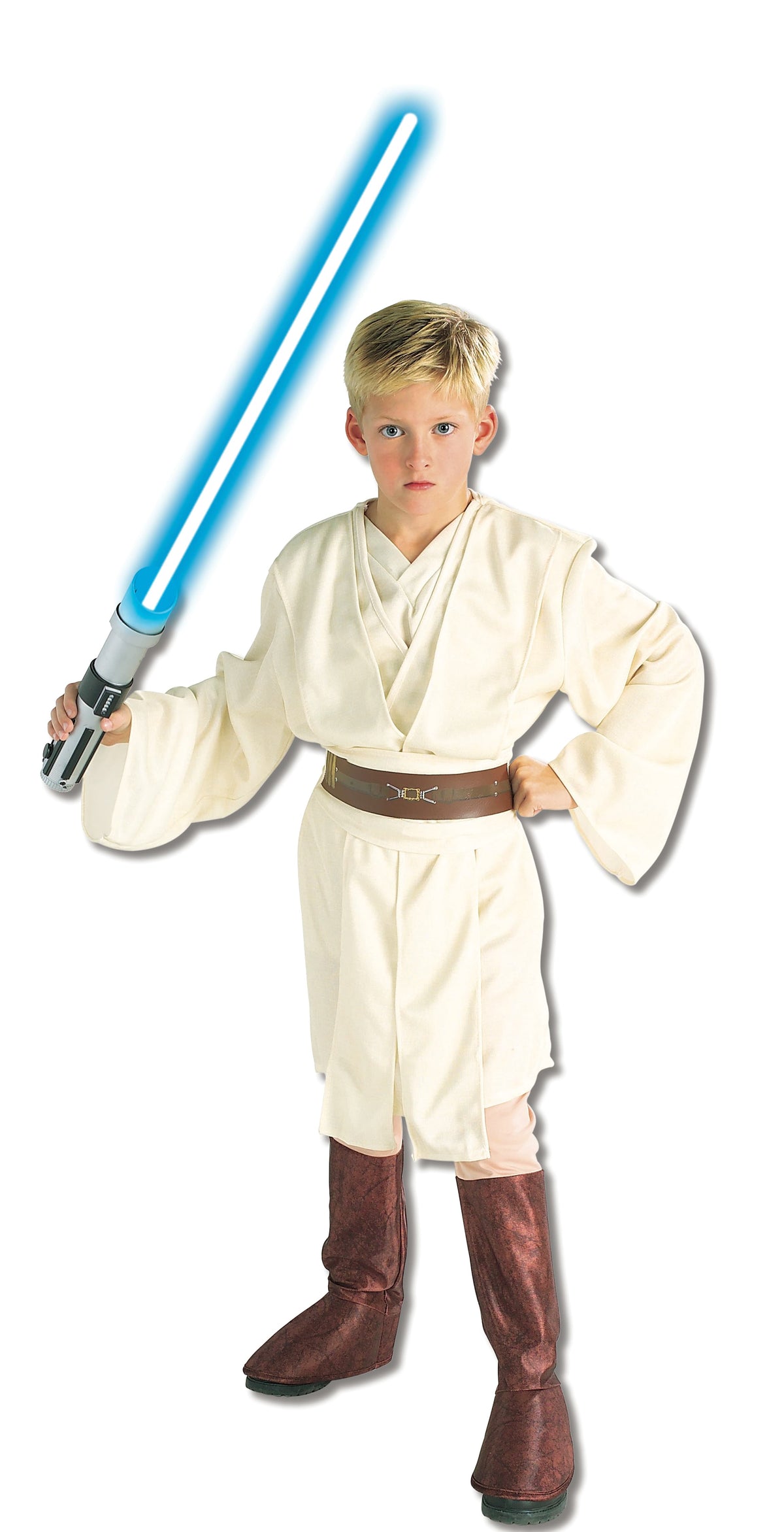 Boy in the Star Wars Obi-Wan Kenobi Deluxe costume with a cream tunic, shoulder sashes, belt and brown boot tops