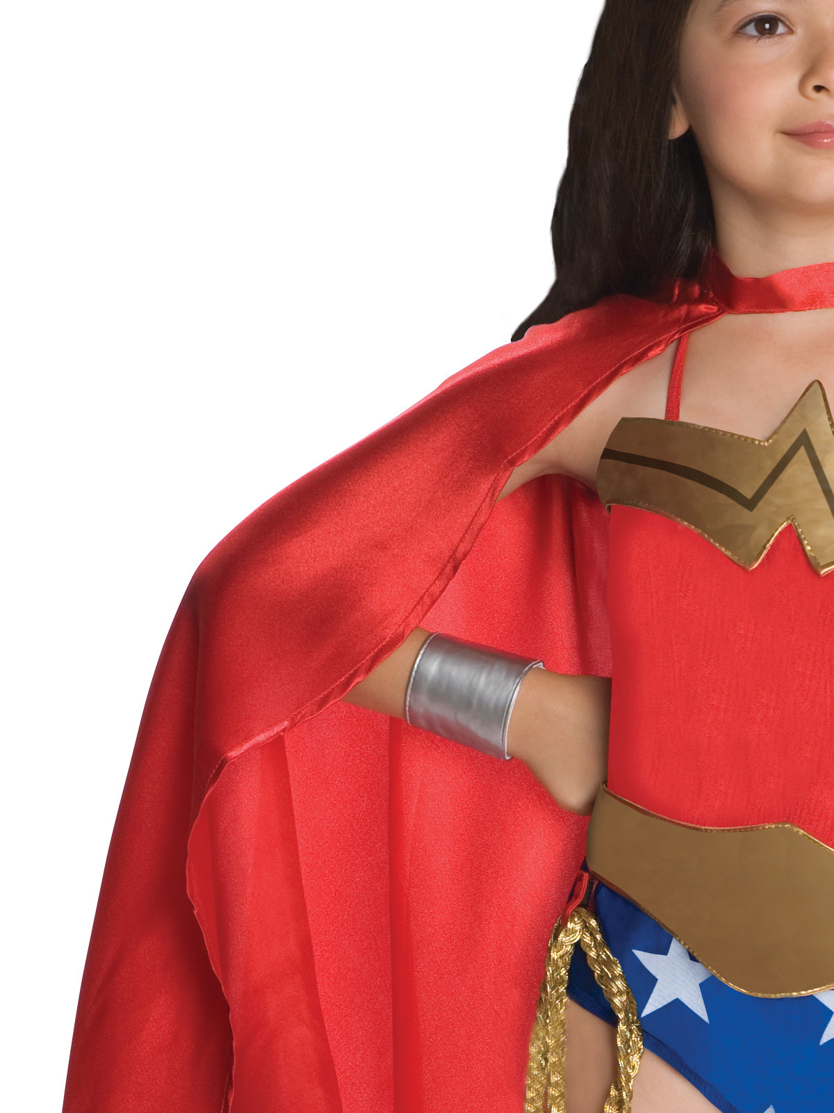 Close-up of the Wonder Woman deluxe red cape, gold eagle leotard bodice and silver bracelet