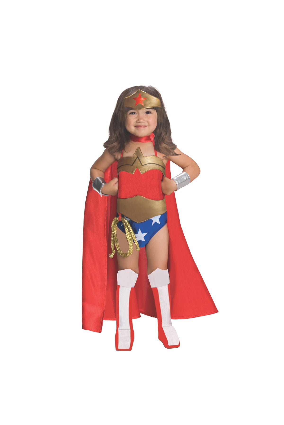 Child in a Wonder Woman deluxe leotard with red cape, gold belt, headband, bracelets and red and white boot tops