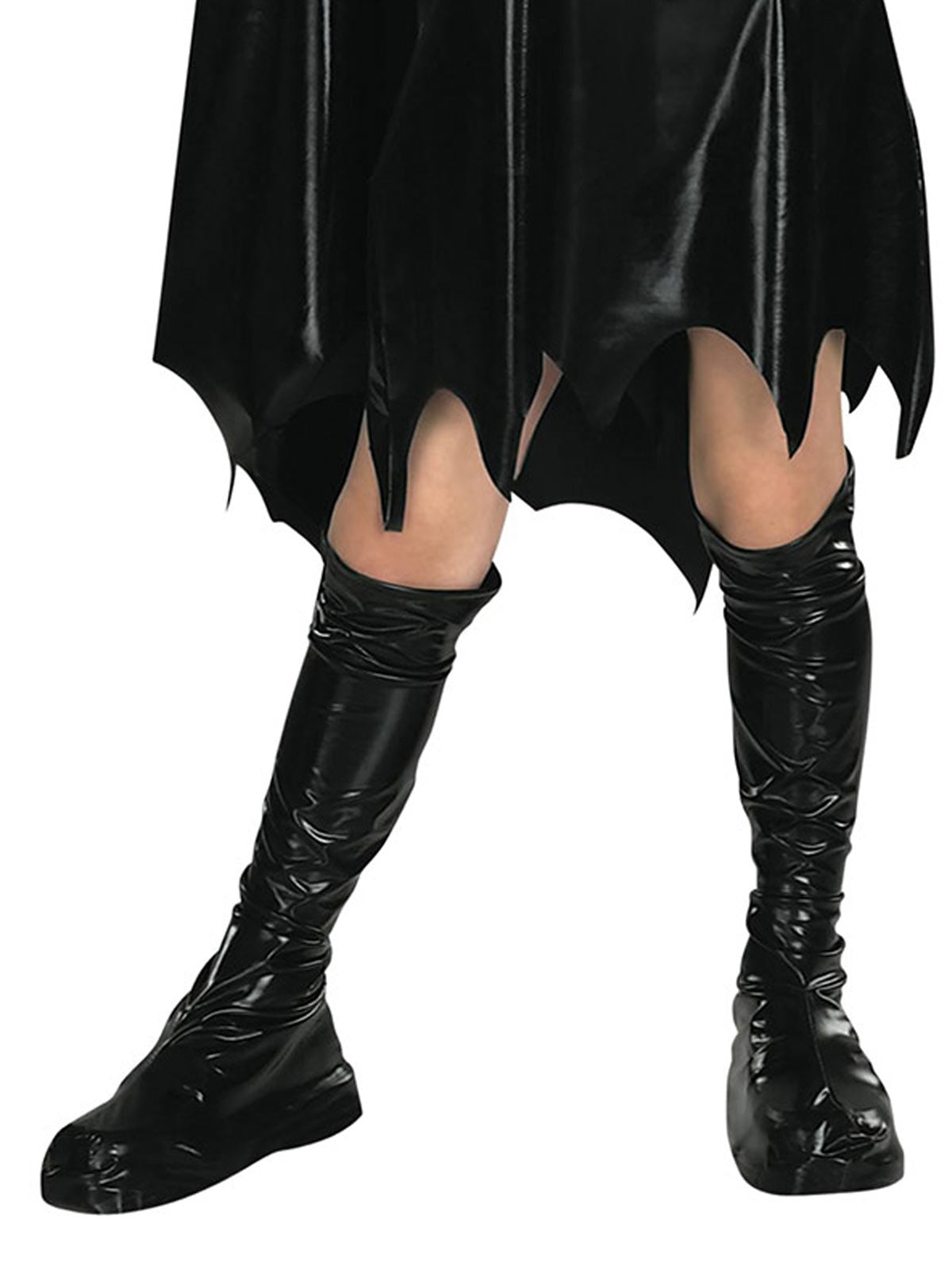 Close-up of the Batgirl costume's scalloped vinyl-look skirt and knee-high black boot tops