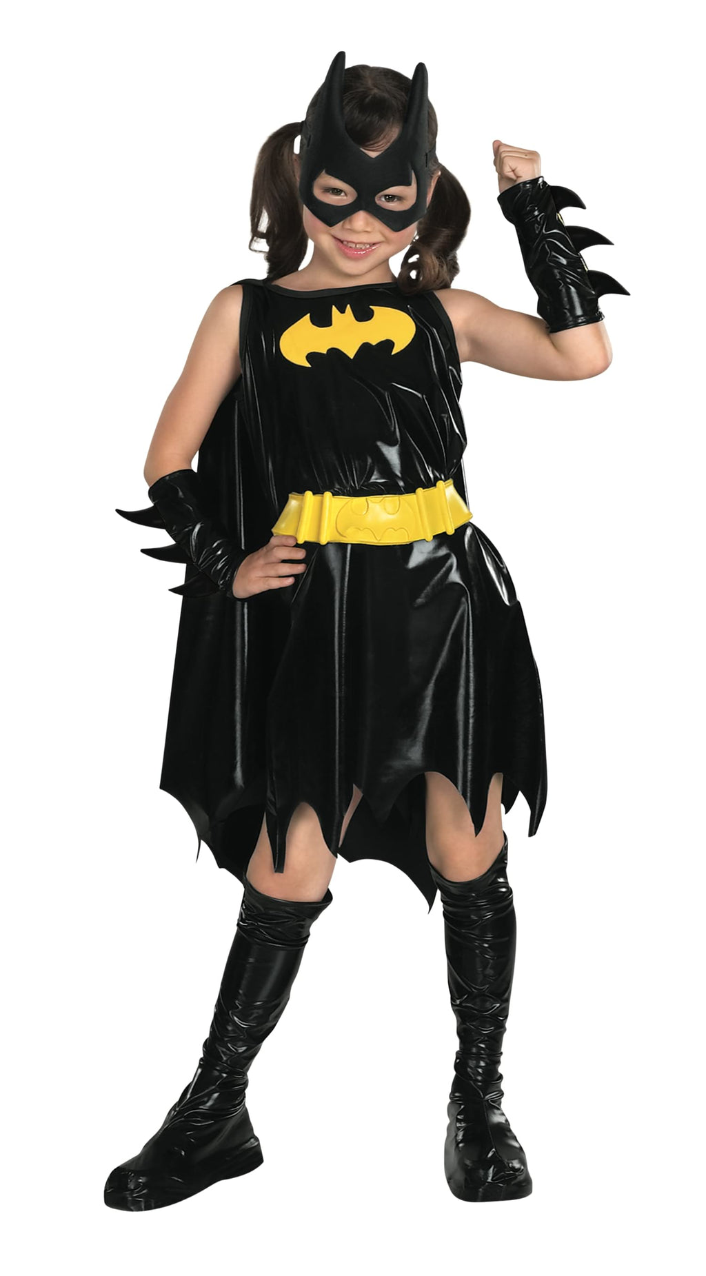 Girl in black vinyl-look Batgirl dress with yellow bat emblem and belt, bat-eared mask, cape and boot tops