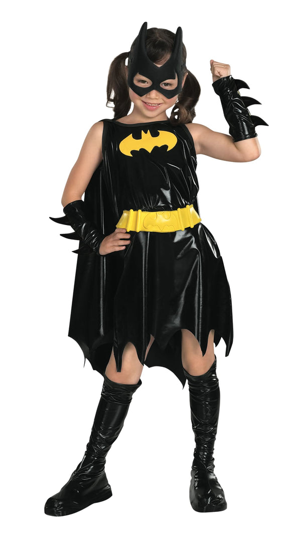 Girl in black vinyl-look Batgirl dress with yellow bat emblem and belt, bat-eared mask, cape and boot tops