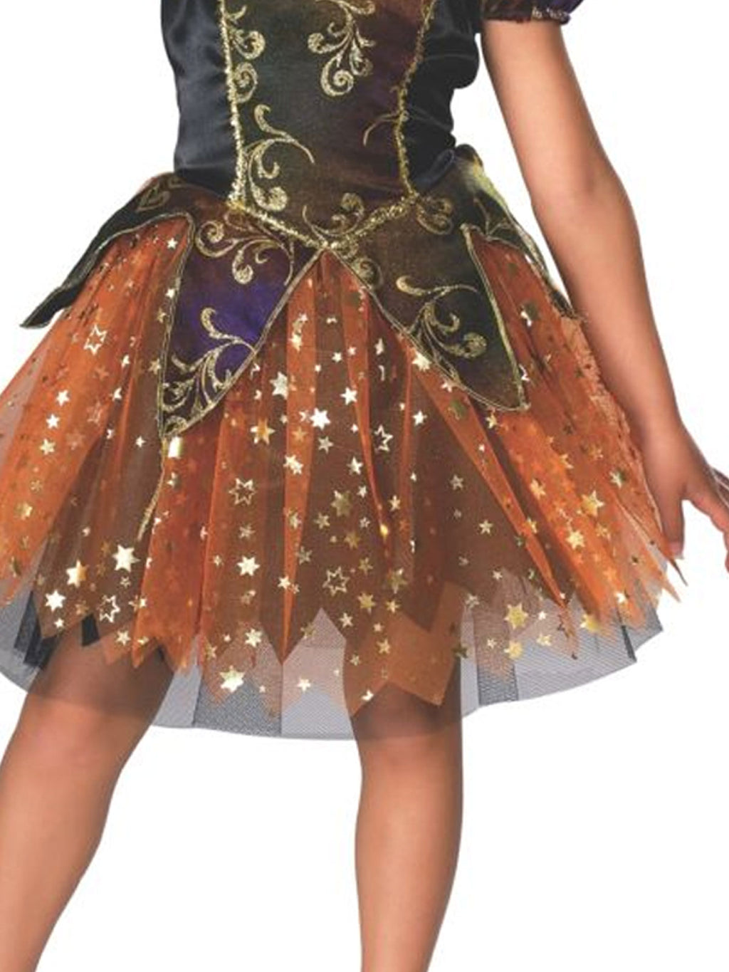 Close-up of the elegant witch dress's embroidered bodice and orange starry tulle skirt