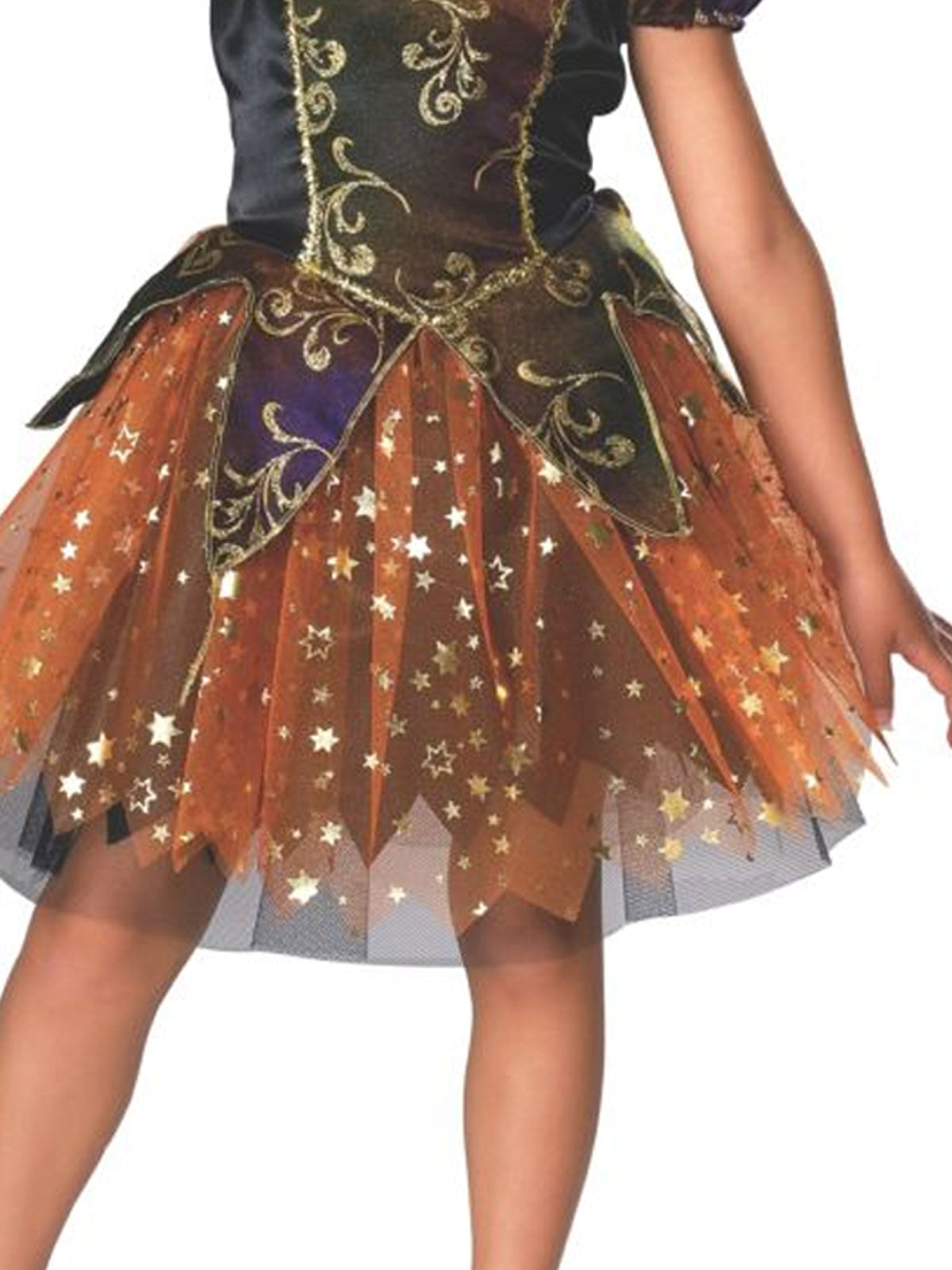 Close-up of the elegant witch dress's embroidered bodice and orange starry tulle skirt