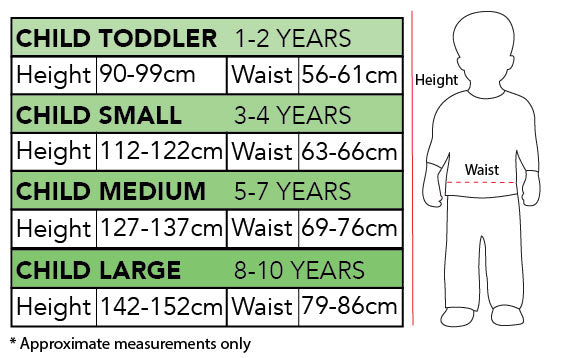 Size chart for the Elegant Witch Costume, Child