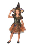 Girl in elegant witch tutu dress with orange starry skirt and wide-brim witch hat