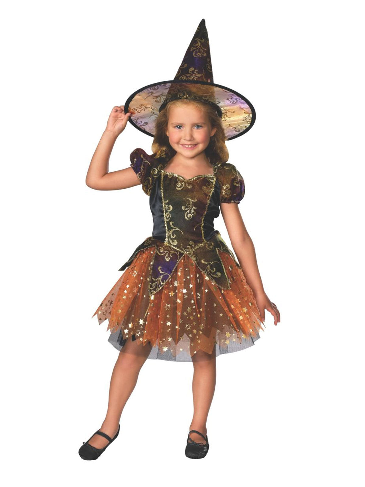 Girl in elegant witch tutu dress with orange starry skirt and wide-brim witch hat