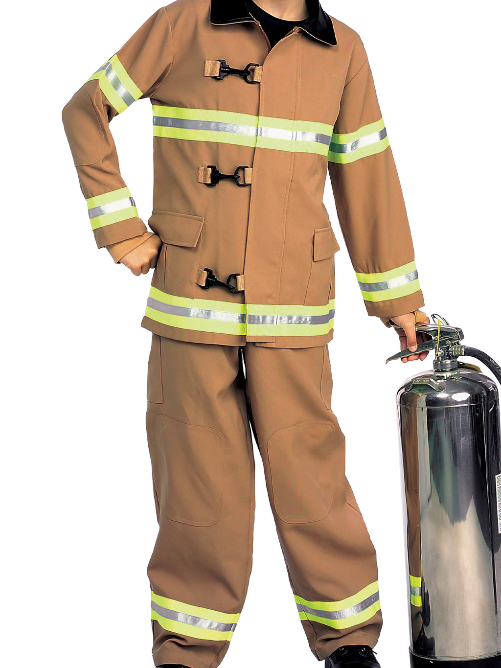 Tan firefighter jacket and pants with yellow reflective stripes and black clasps