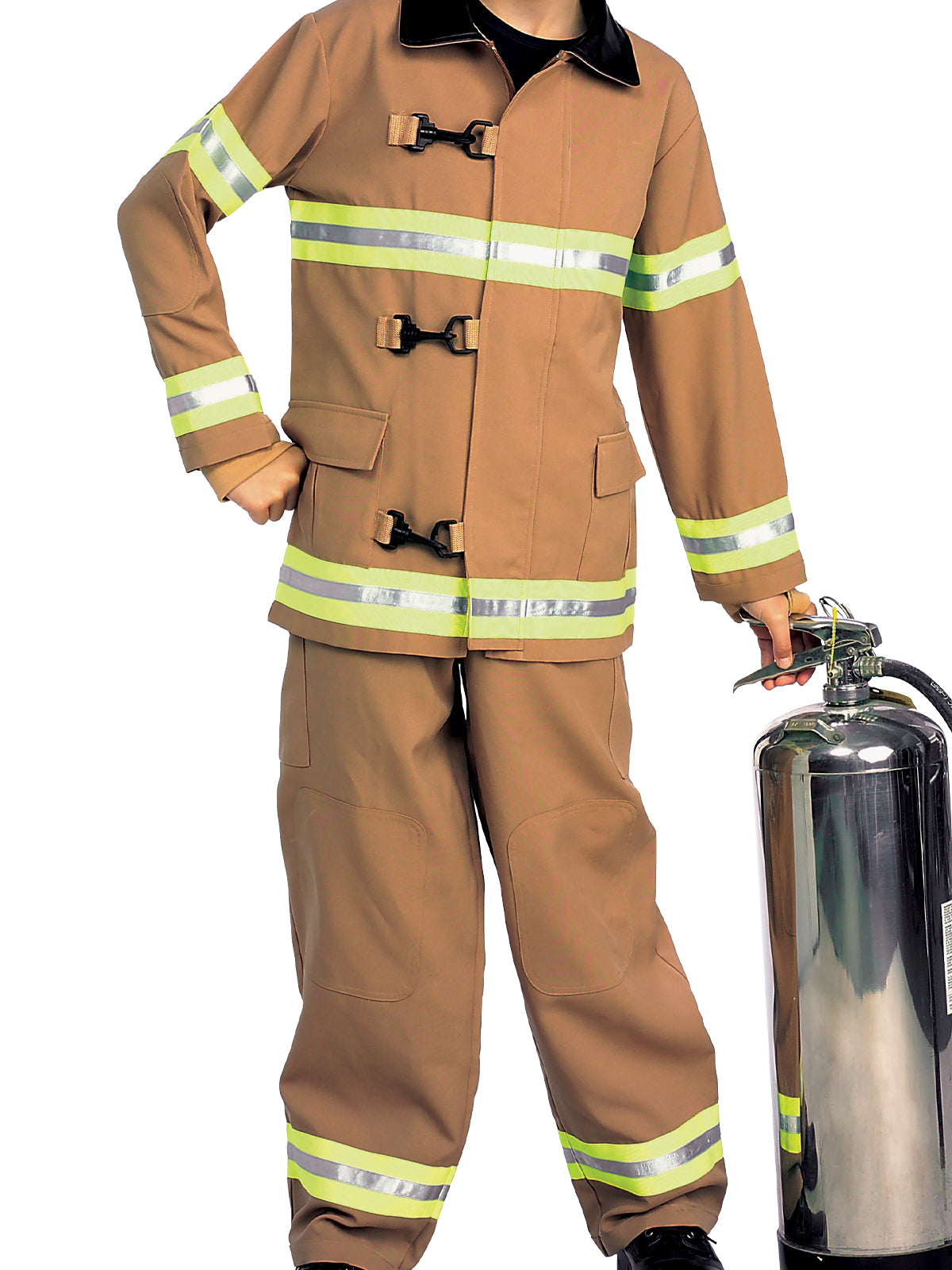 Tan firefighter jacket and pants with yellow reflective stripes and black clasps