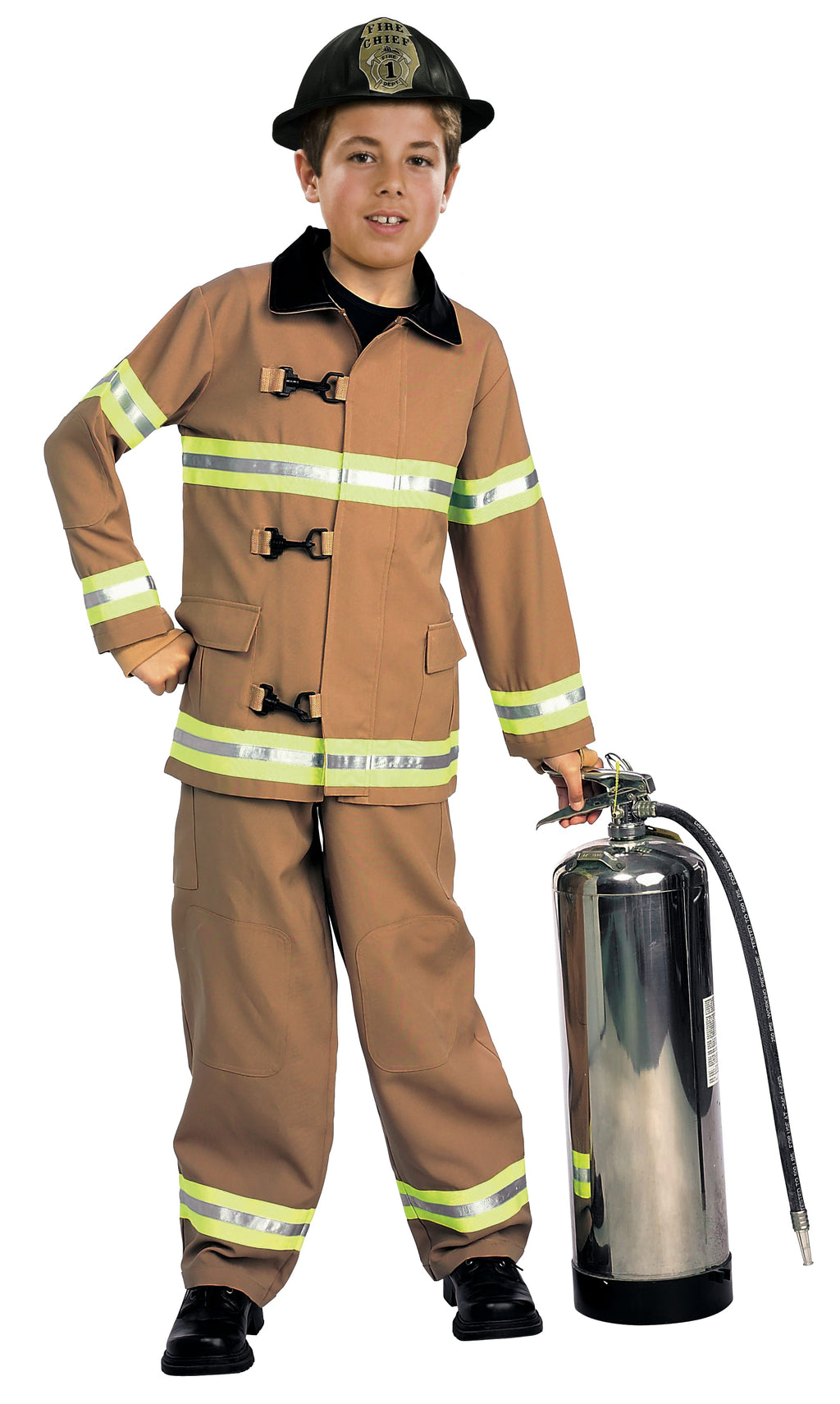 Boy in the Fire Fighter Deluxe costume with a tan jacket and pants, reflective stripes and black helmet