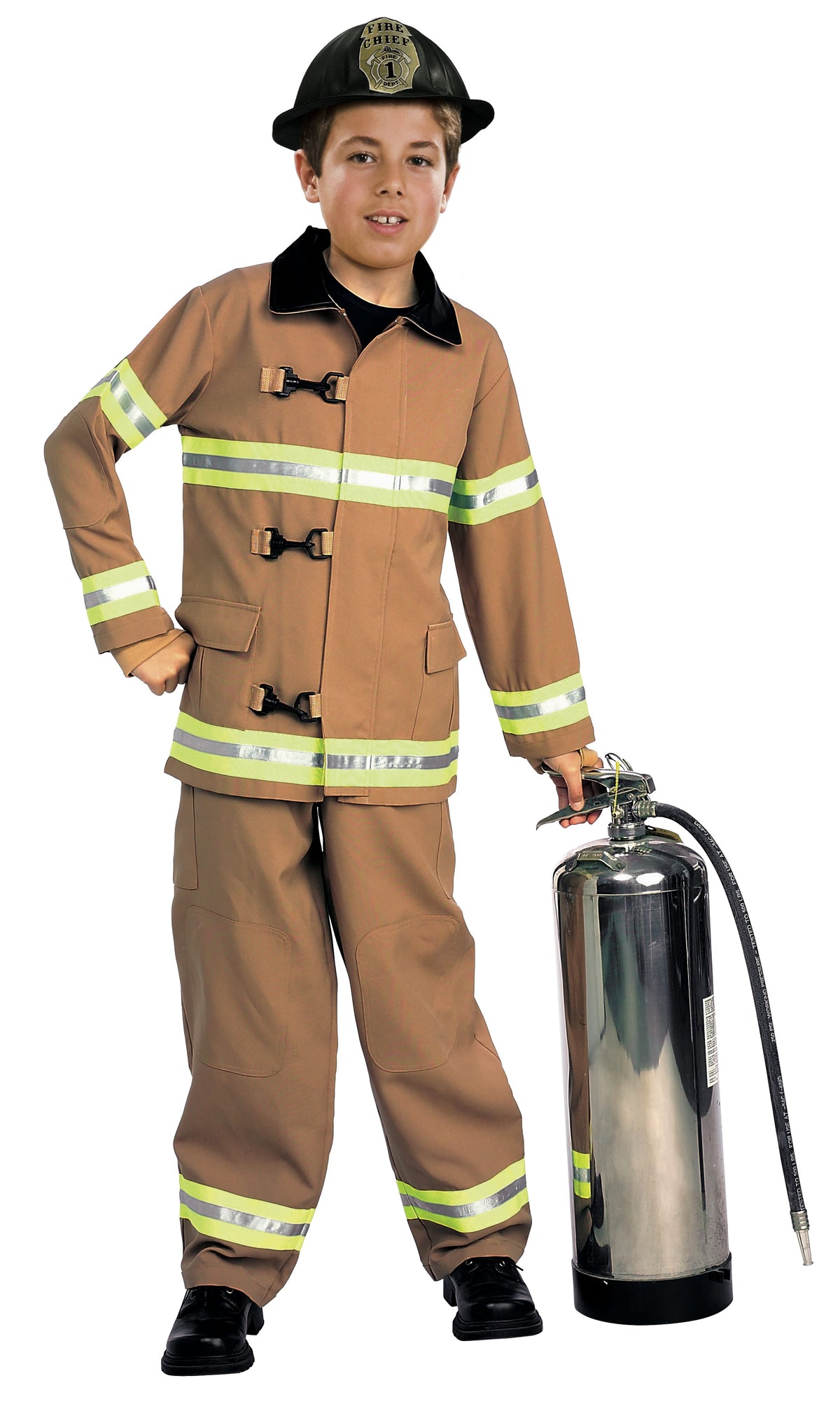 Boy in the Fire Fighter Deluxe costume with a tan jacket and pants, reflective stripes and black helmet