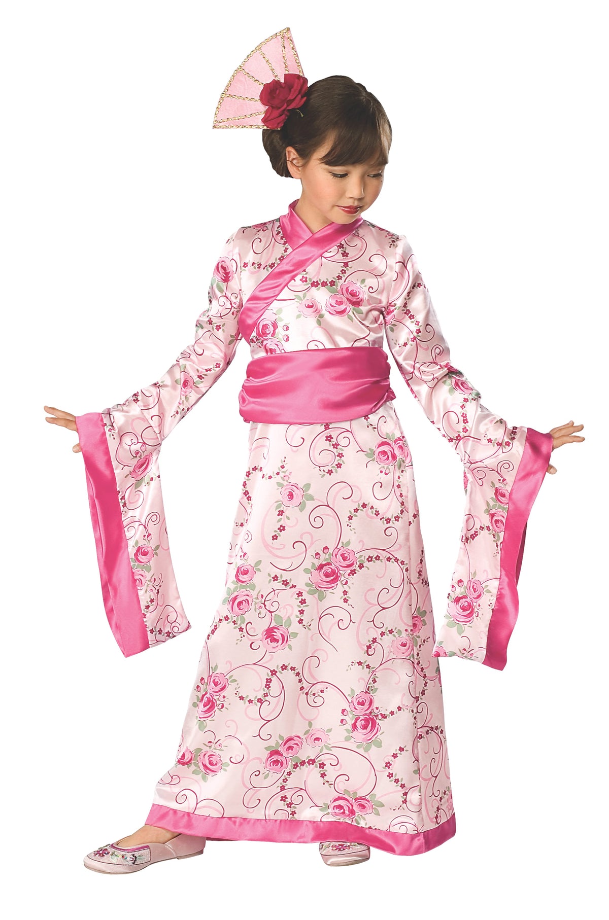Girl in pink cherry blossom kimono-style dress with wide pink obi sash and fan headband