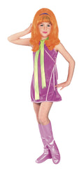 Girl in Scooby-Doo Daphne costume with purple dress, green scarf, red beehive wig and boot tops