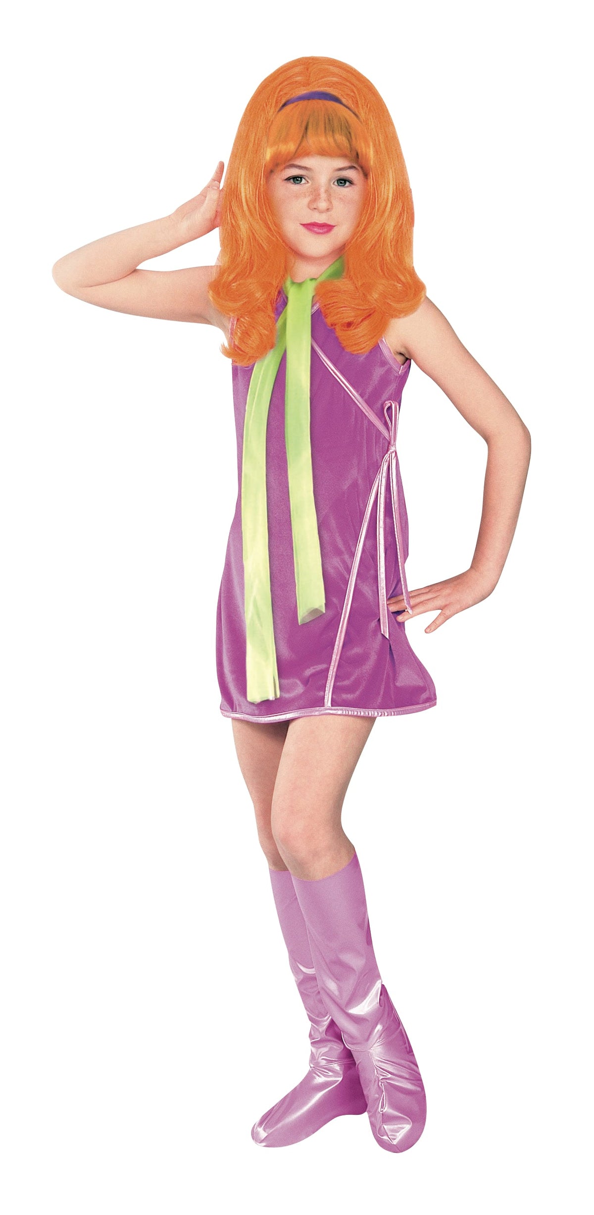 Girl in Scooby-Doo Daphne costume with purple dress, green scarf, red beehive wig and boot tops